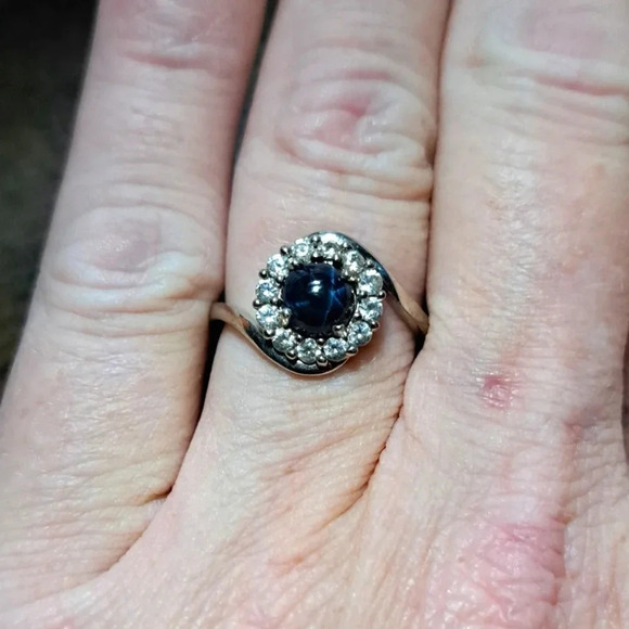 Blue Star Sapphire & White Zircon Halo Ring - Picture 3 of 7